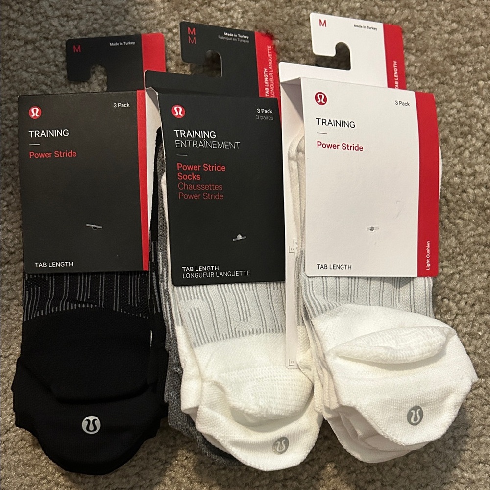 lululemon athletica Power Stride Socks 9 pairs - Black, White, and Gray size M